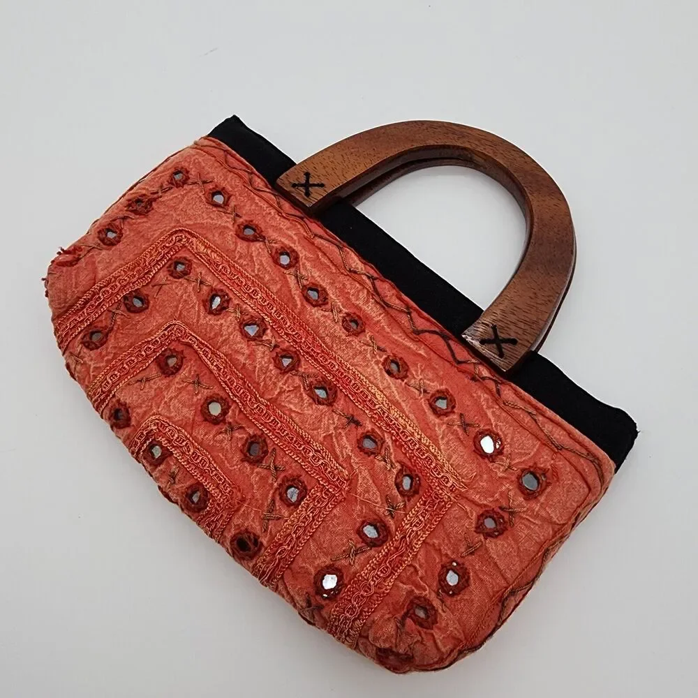 Thai Fabric Wooden Handle Tote Bag Orange Embroidered Artisan Boho Hippie 10x6